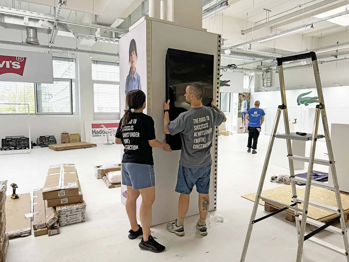 Equipo de ESBAU instalando una pantalla durante la preparación y el premontaje de un stand modular para feria