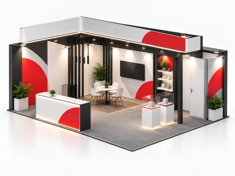 Illustratives Konzept eines Hybrid-Mietmessestands mit 20 m², individueller Dachgestaltung, beleuchtetem Branding und Präsentationselementen
