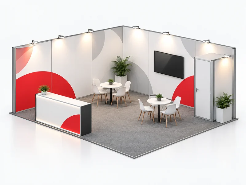 Illustratives Konzept eines modularen Mietmessestands mit 20 m², Grafikwänden, Empfangstheke und Besprechungsmöbeln