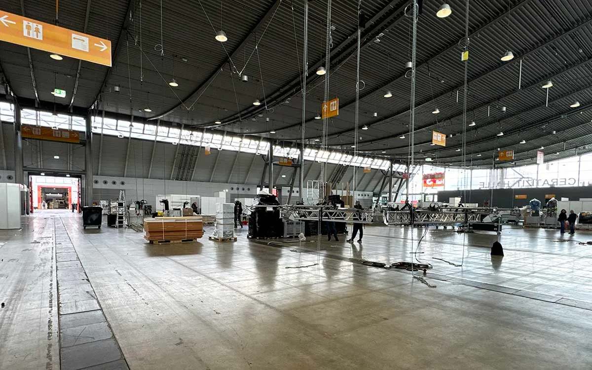 Exhibition stand installation during venue build-up in Europe